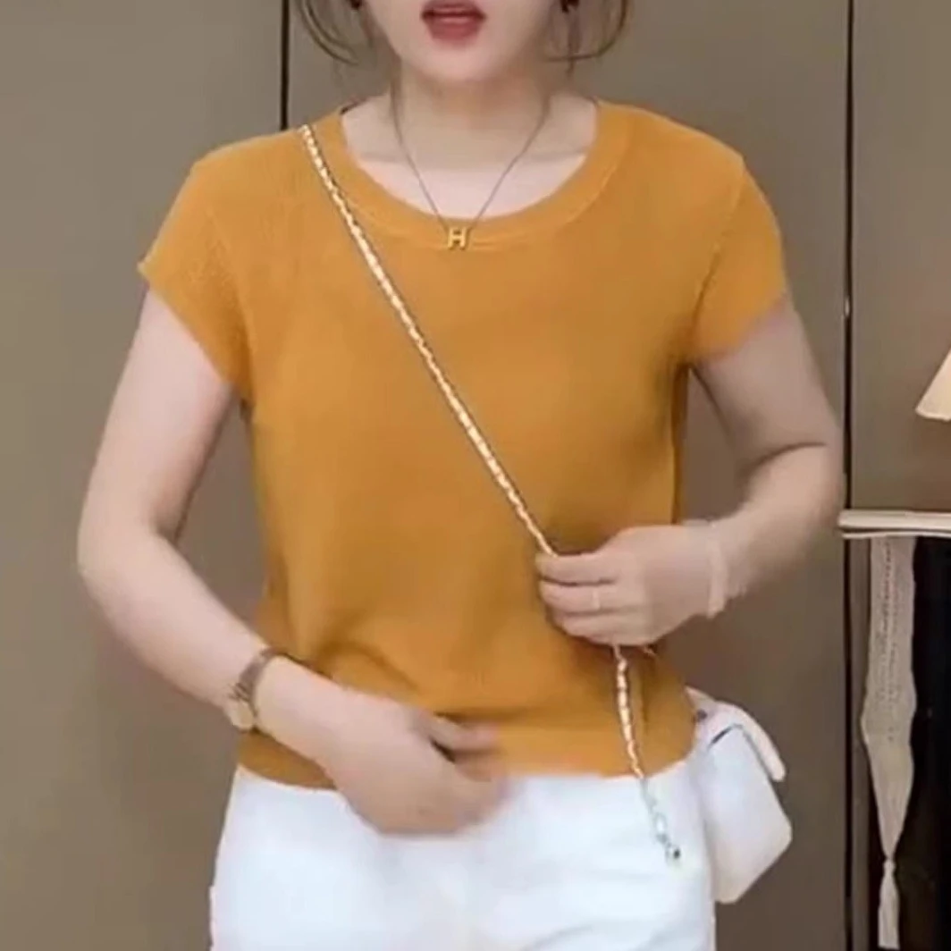 韩版休闲简约日常百搭款橘色上衣女2025夏季高级感薄款防晒针织衫