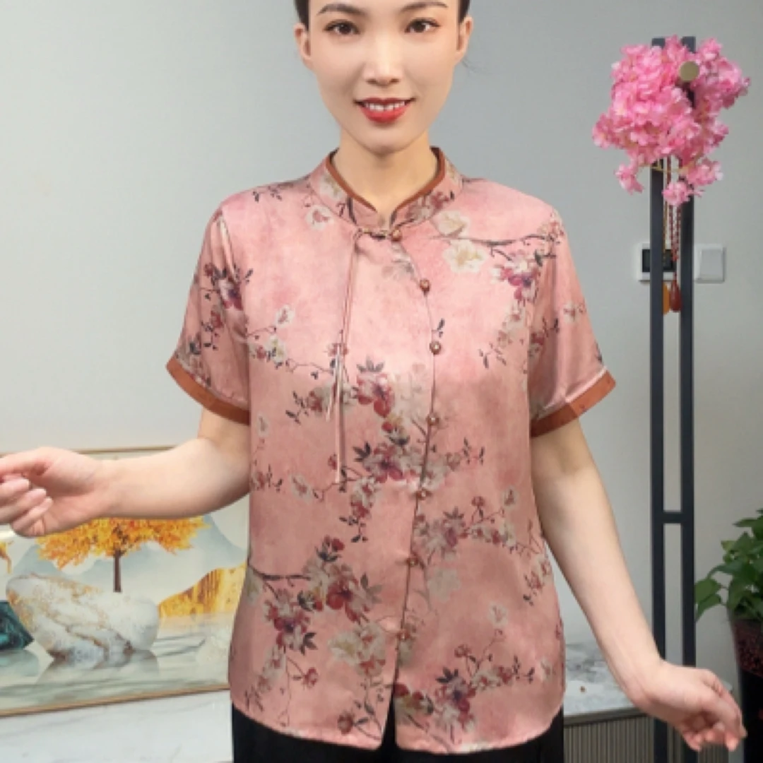 纯色夏季立领开衫高贵衬衫中国风中老年女装衬衣薄款