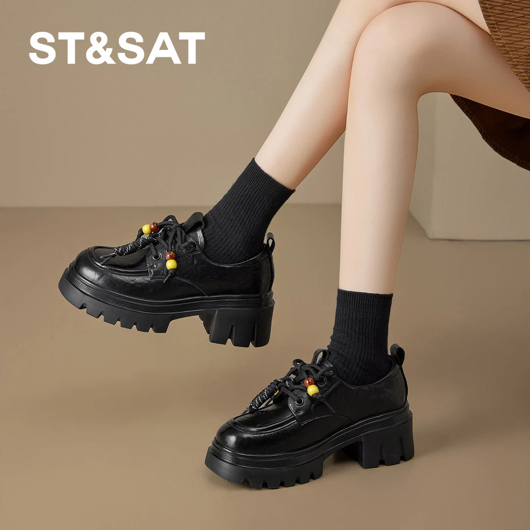 星期六新款厚底民族风小众百搭鞋子复古气质乐福鞋百搭流光风单鞋