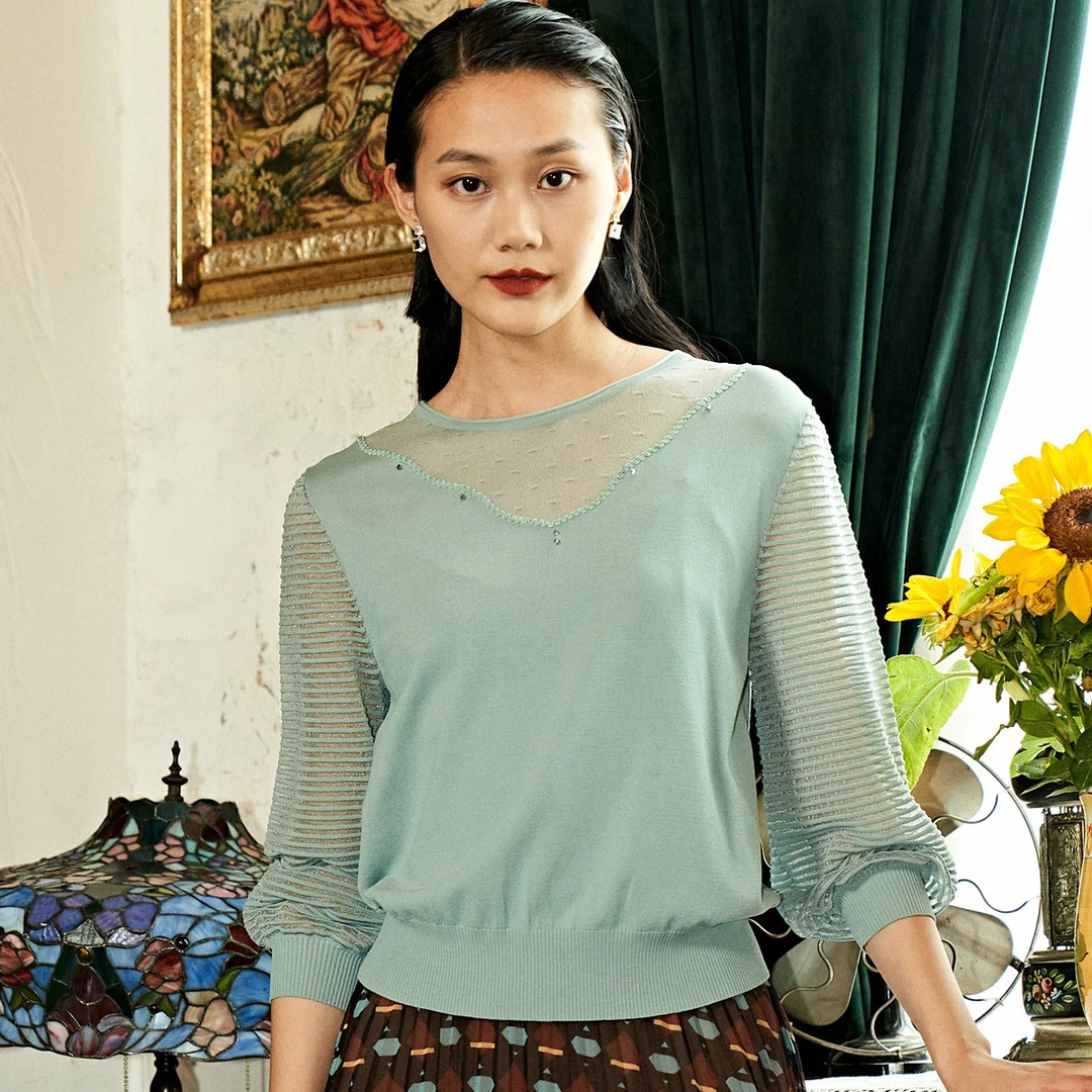 网纱拼接针织设计感洋气百搭款灯笼袖女式上衣