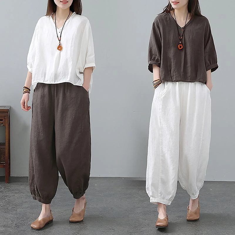 棉麻套装女夏季民族风女装文艺复古休闲宽松上衣亚麻阔腿裤两套