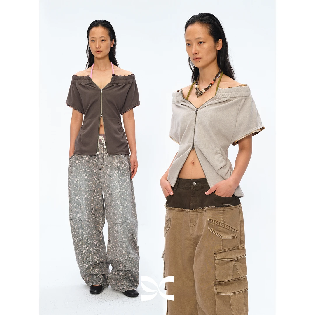 Square Circle 方圆格纹拼接一字肩拉链卫衣短袖绑带卫裙半裙套装