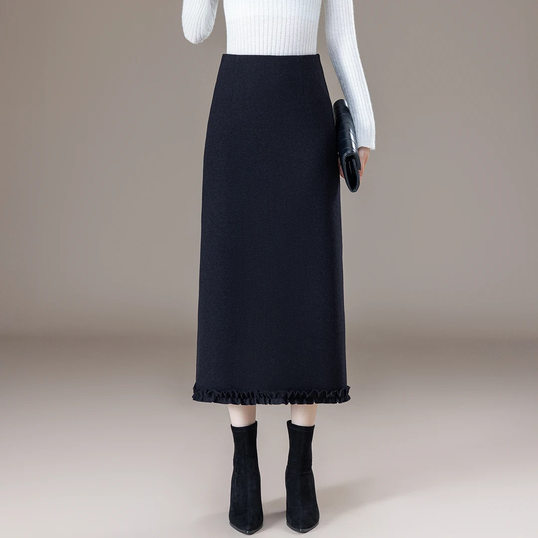 高级感羊毛呢木耳边半身裙女秋冬2025新款高腰显瘦中长开叉包臀裙
