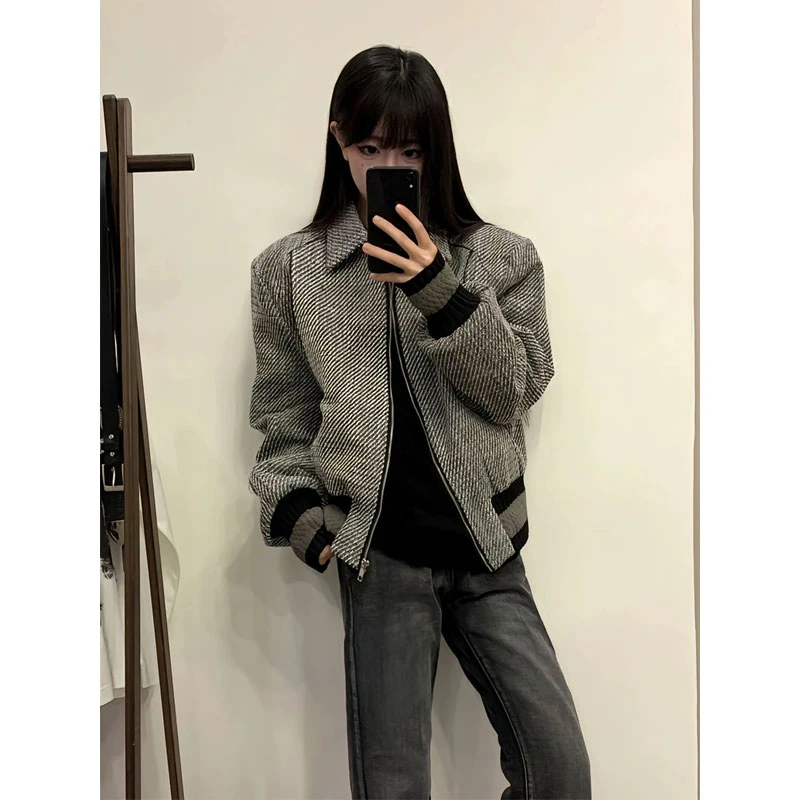 美式深灰色小香风编织短款外套男秋季高街痞帅cleanfit棒球服夹克