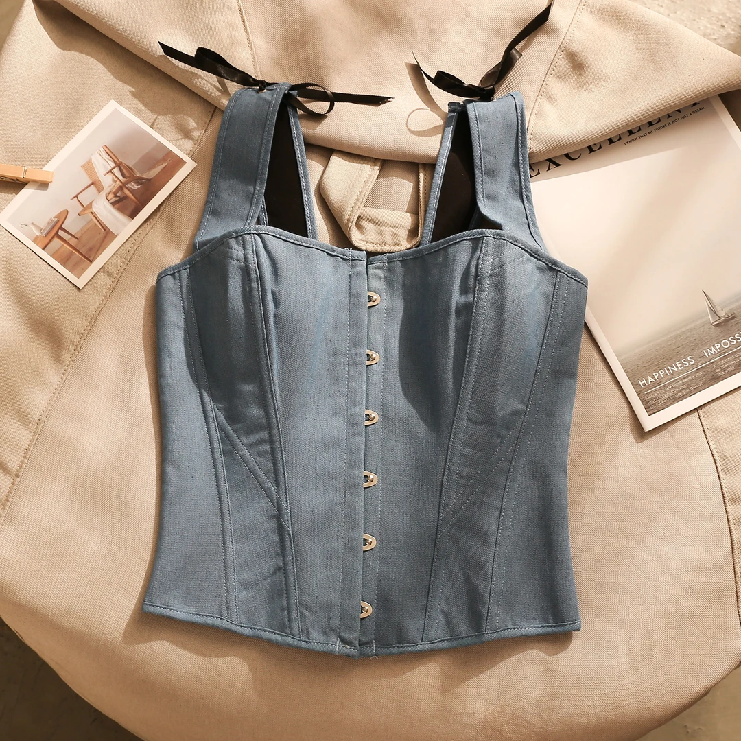 复古风牛仔蝴蝶结吊带背心女夏季设计感收腰显瘦绑带内搭美背上衣