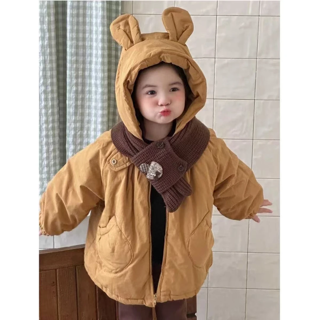 女童南瓜精灵2025冬款加毛毛加棉耳朵外套加厚款新款萌宝连帽连帽