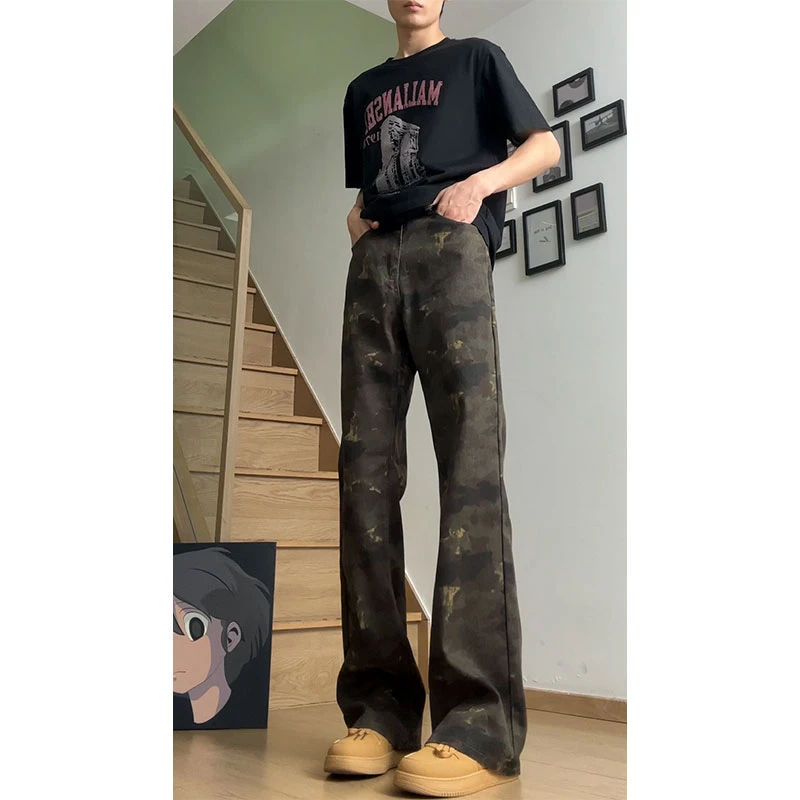 美式vintage迷彩牛仔裤男款夏季高街vibe裤子cleanfit修身直筒裤