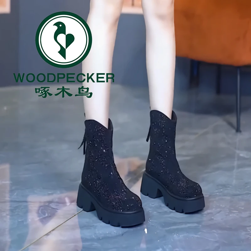 厚底粗跟短靴女马丁靴2025年秋冬新款时装靴水钻啄木鸟高跟瘦瘦靴