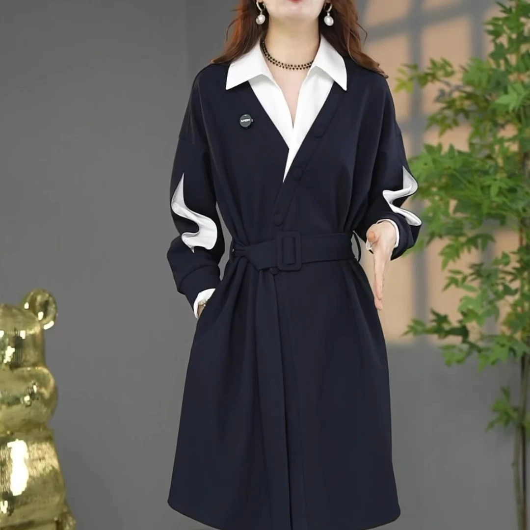 设计感时尚衬衣领拼接连衣裙女装2025春季新款宽松显瘦中长款裙子