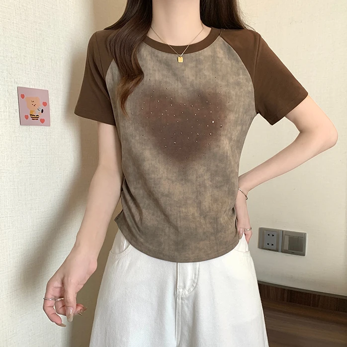 2025夏季大码女韩版扎染宽松显瘦爱心烫钻插肩正肩短袖T恤女百搭