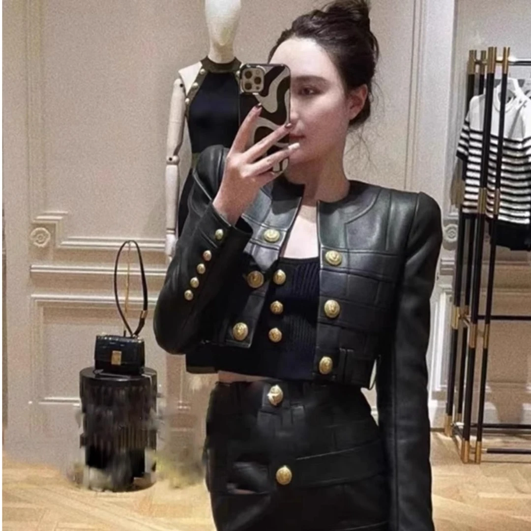 时尚黑色轻熟风金属扣皮衣外套女装设计感小个子时髦短款夹克上衣