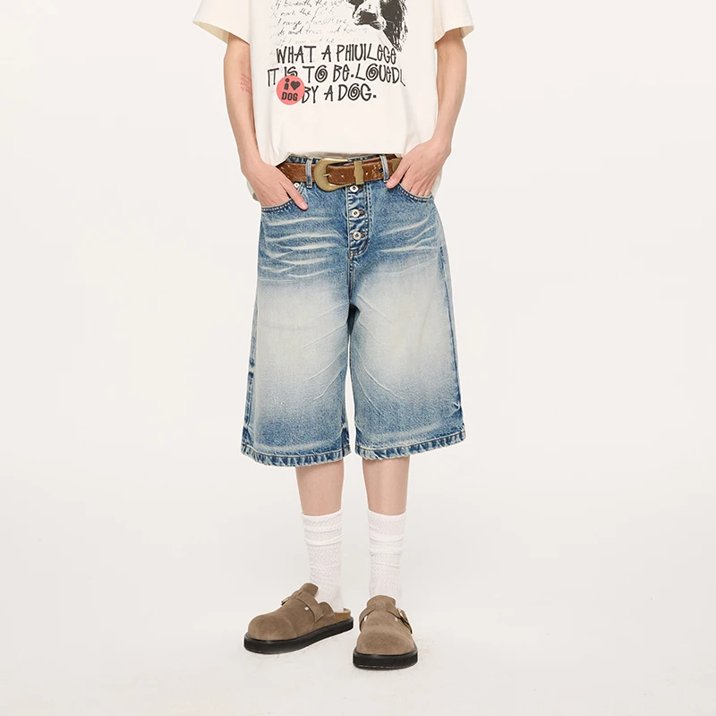 KREATE「富士山牛王」内华达13oz猫须水洗排扣牛仔裤A字六分短裤夏