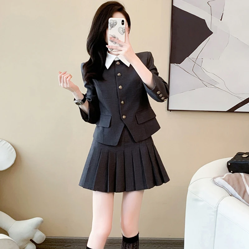 有里布两件套学院风西装显瘦套装韩系减龄洋气时尚短裙D0259jk
