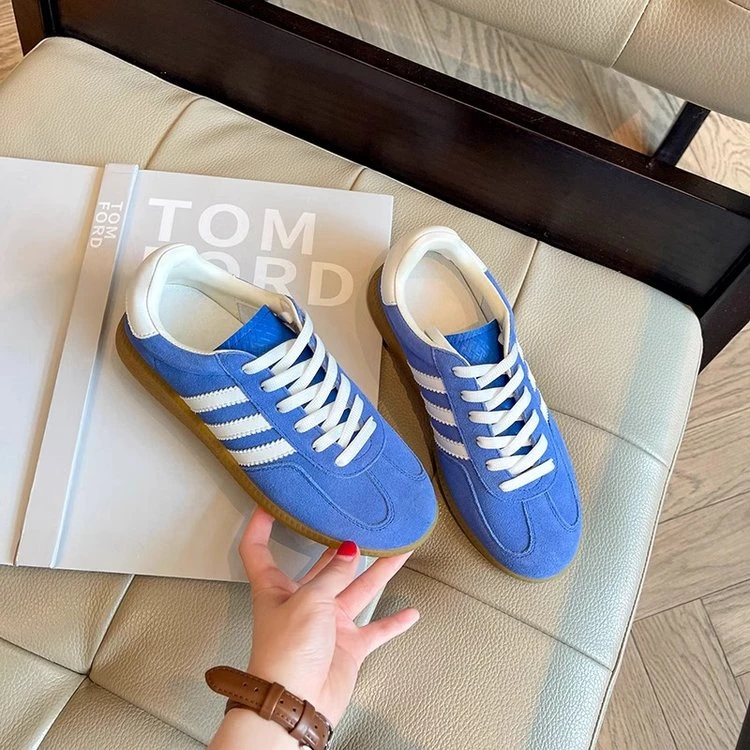 蓝色德训鞋女款2025新款爆款板鞋平底系带百搭运动休闲女鞋子