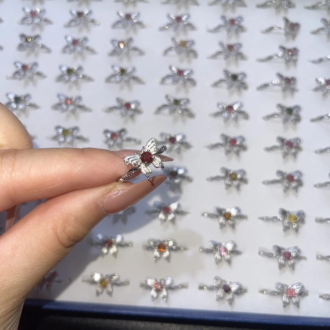 蝴蝶镀银戒指*天然碧玺彩宝