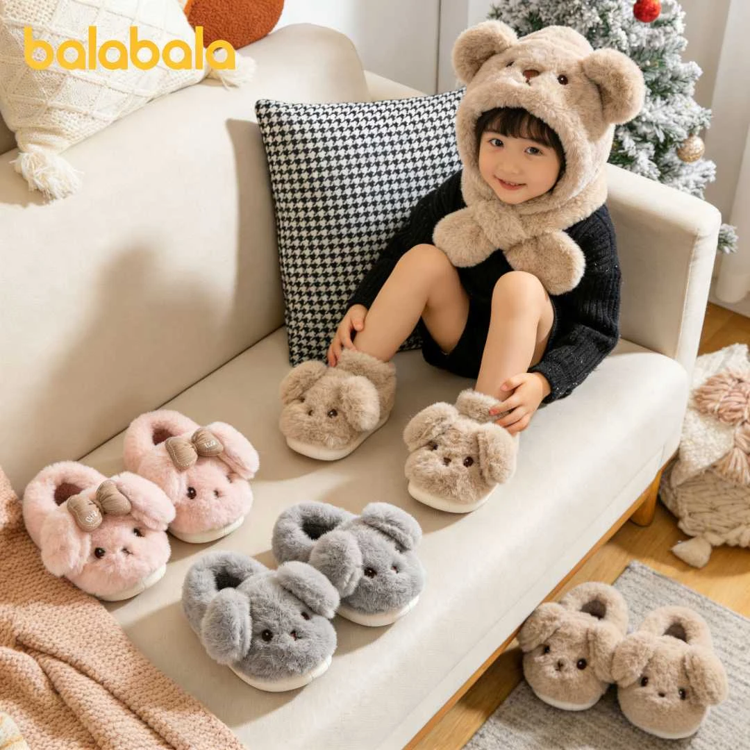 巴拉巴拉儿童棉拖鞋女童可爱蝴蝶结冬季包根保暖毛绒男童室内棉鞋