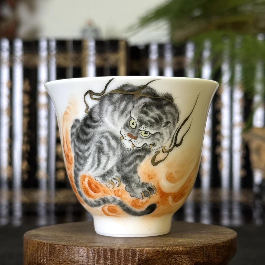 景德镇手工陶瓷十二生肖虎闻香铃铛杯手工手绘仿古设计主人杯茶具