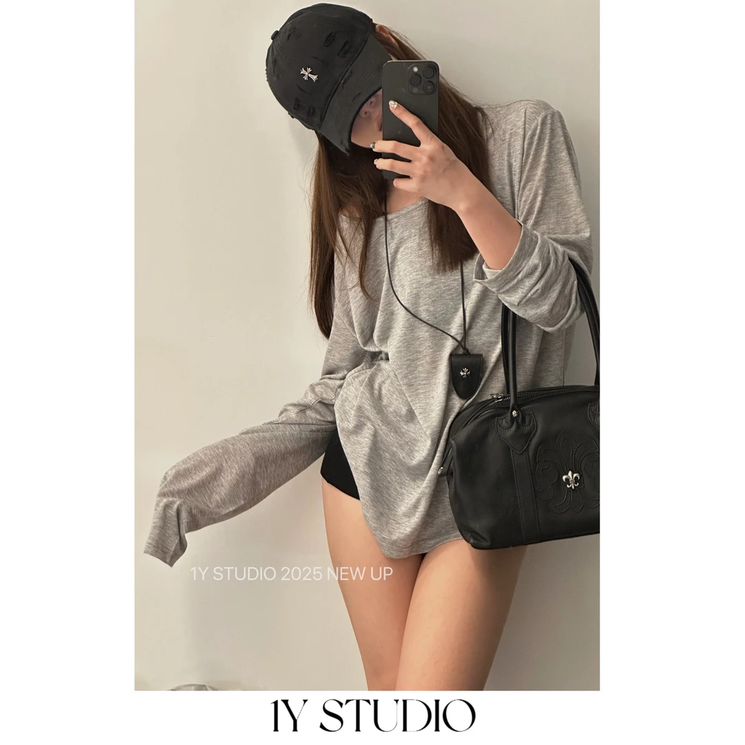 1Y STUDIO【松弛感大美女】 松弛感长袖斜肩宽松上衣显瘦罩衫女