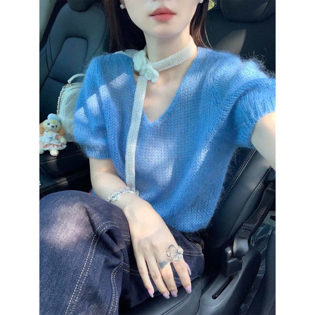 秋季新款显瘦慵懒松弛洋气蓝色针织短袖T恤上衣牛仔裤垂感长裤子