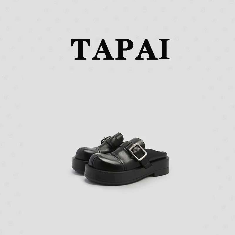 TaPai 原创高定厚底包头半拖水洗牛皮设计师百搭黑色小众春夏拖鞋