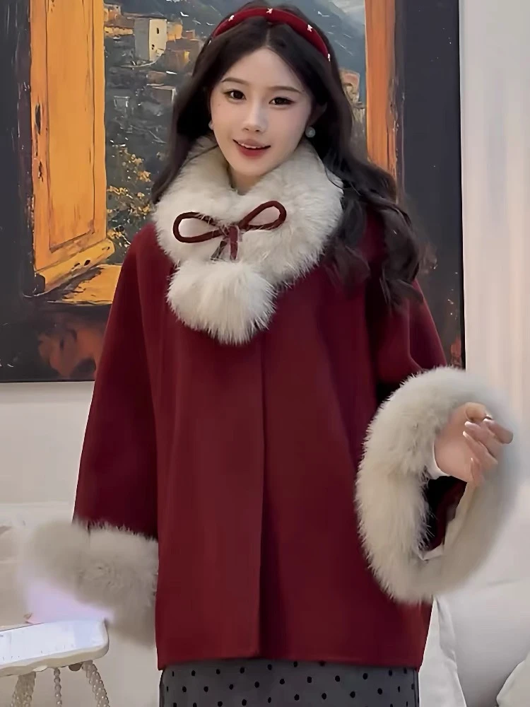 “奔赴冬约”狐狸毛领袖口毛呢外套女高级感新款双面羊毛斗篷大衣