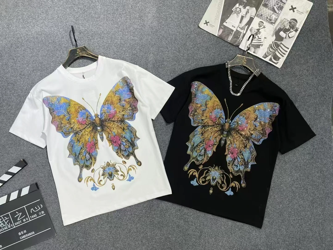 11899春秋新款高端时尚烫钻蝴蝶工艺四季款半袖男女同款欧货潮牌