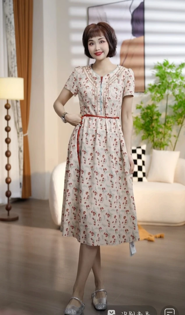 【无腰带】L019夏季短袖圆领碎花气质民族风显瘦连衣裙DM7