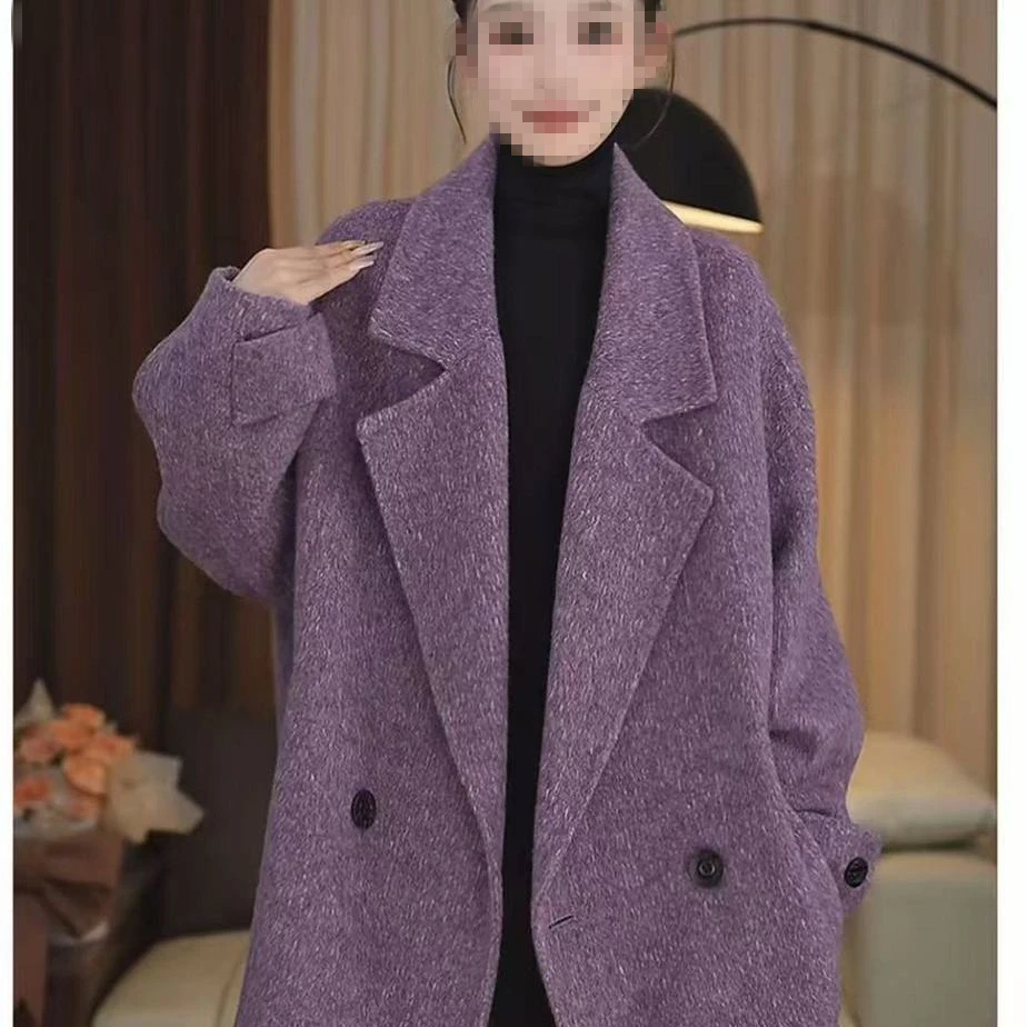 2025新款紫色双面毛呢外套英伦风通勤宽松百搭秋冬呢子外套大衣女