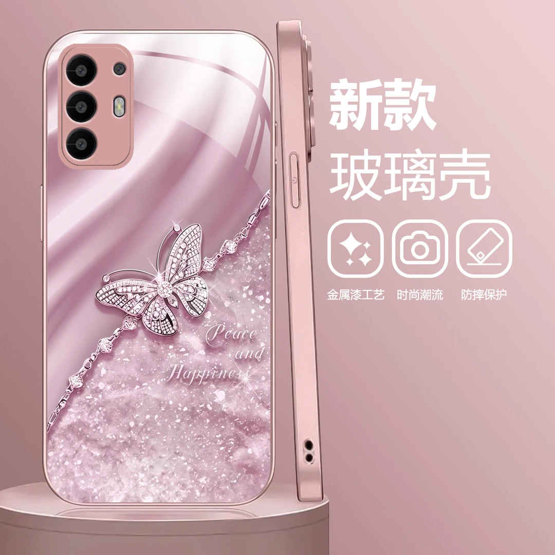 适用于OPPO A95 蝴蝶纹液态玻璃手机壳 小众高级感 全包防摔刮