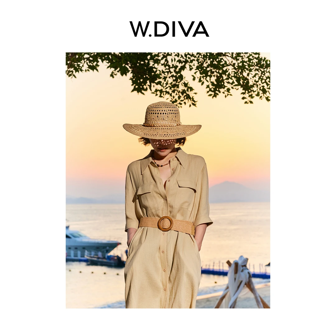 W.Diva【画报】亚麻莱赛尔休闲H型随性收腰翻领短袖连衣裙52D112292