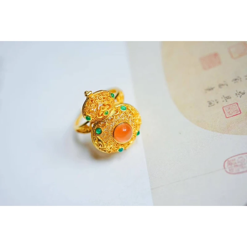 甘澜文创 925银镀金镶红玛瑙花丝葫芦香囊戒指J2596