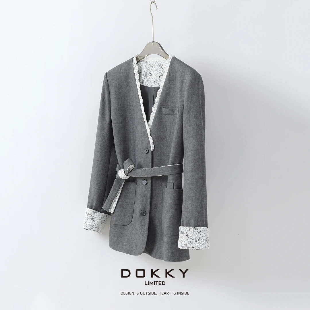 【薇薇安娜】DOKKY高奢蕾丝钩花.设计感飘带.法式高级|V领西装外套