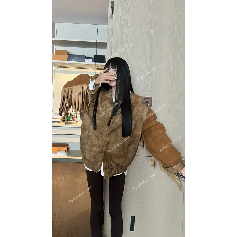 【AYOBE】小贤  美式复古街头潮流高街流苏撞色飞行夹克