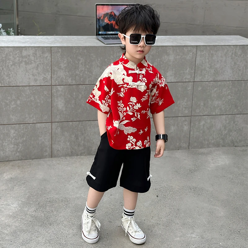 男童汉服2025夏季中国风套装新中式高端唐装幼儿园夏装红色两件套
