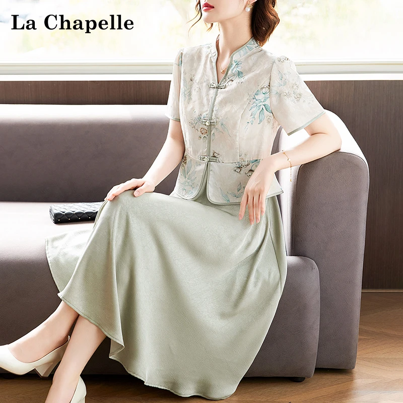 拉夏贝尔新中式妈妈夏装国风连衣裙中老年女装时尚假两件雪纺长裙