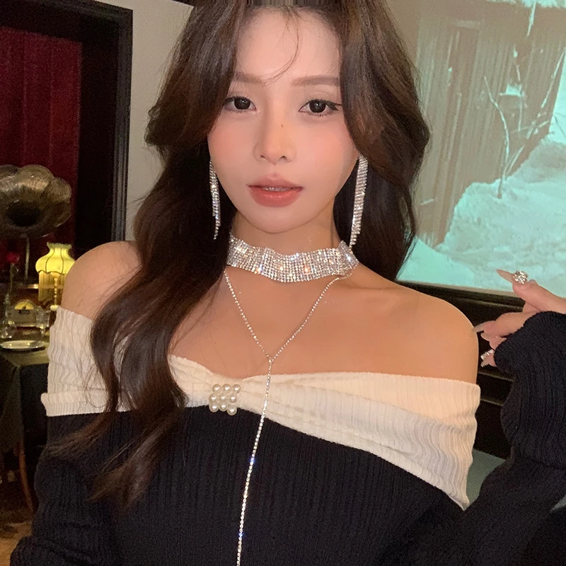 铜合金项链 欧美奢华超宽满钻Y流苏项链高级性感闪钻长款颈链