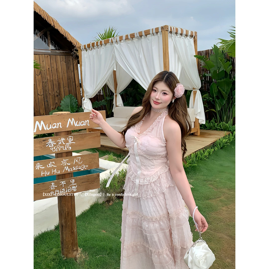 【PPEIQI】"甜心粉布蕾 "微胖法式甜美粉色女夏度假风挂脖长裙海边