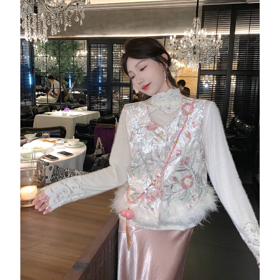 果果家【落樱】新中式国风2025新款女装秋季重工刺绣亮片马甲背心