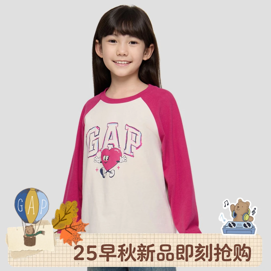 Gap女童2025秋季新款纯棉印花logo宽松长袖T恤儿童装上衣805329