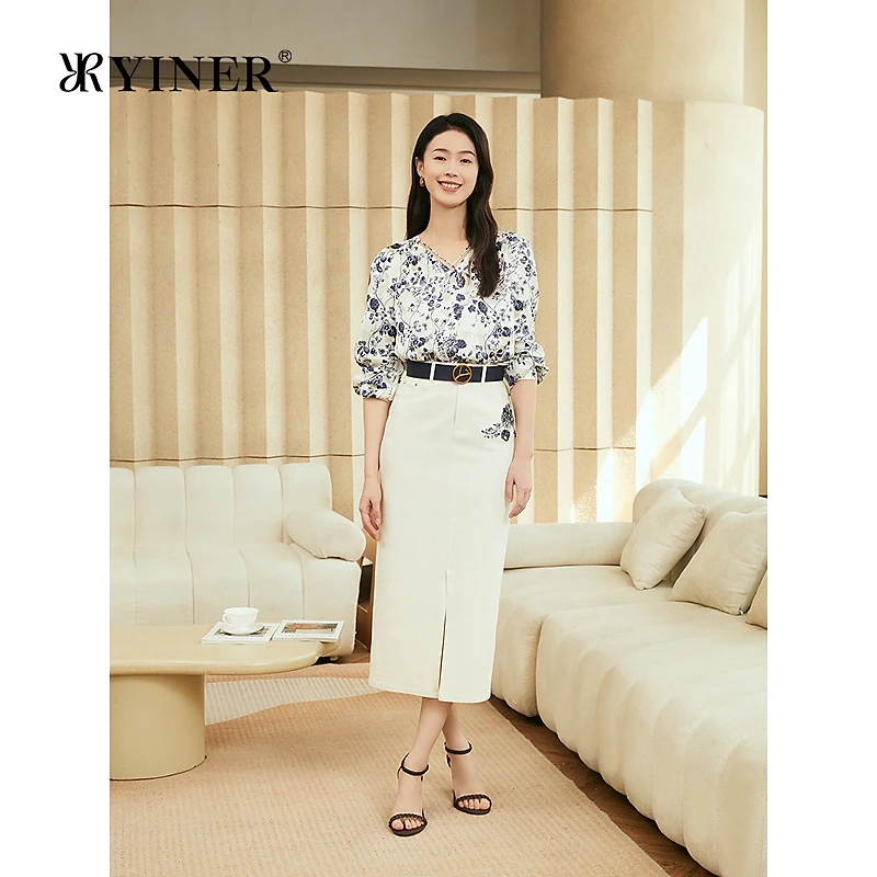 YINER音儿2025夏季新款优雅过膝四面弹力刺绣H型白色牛仔半身裙