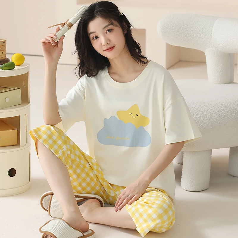 卡之恋夏季女士睡衣短袖七分裤套装简约纯棉家居服