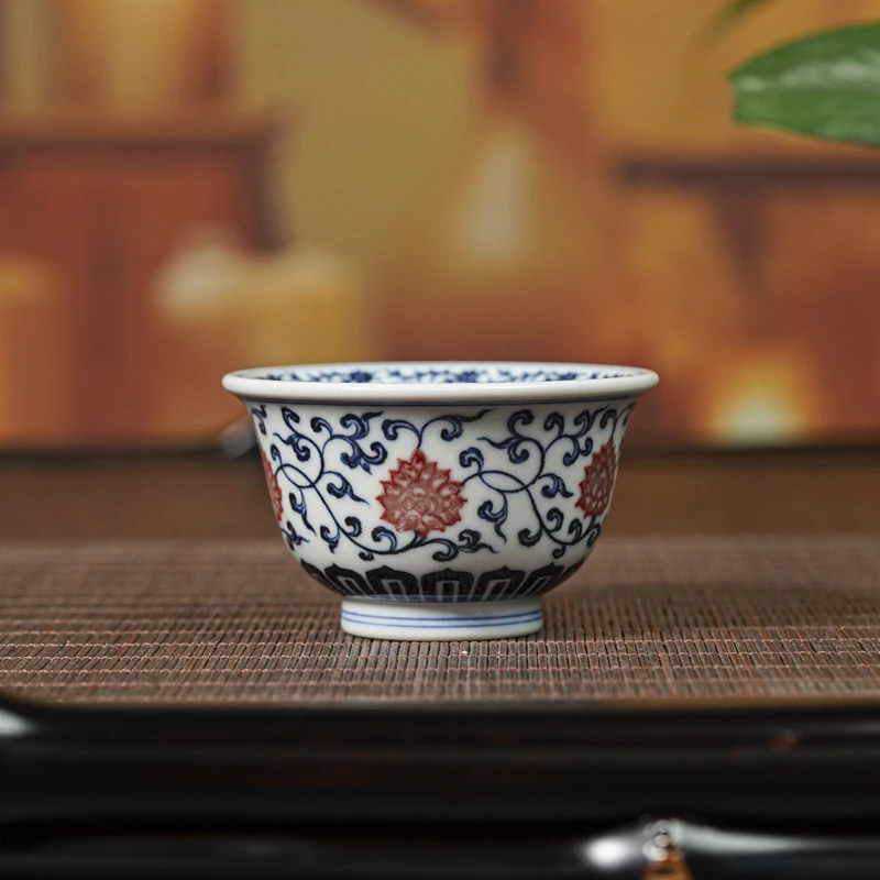 【小乔赏瓷】司陶坊青花釉里红缠枝压手杯stf19