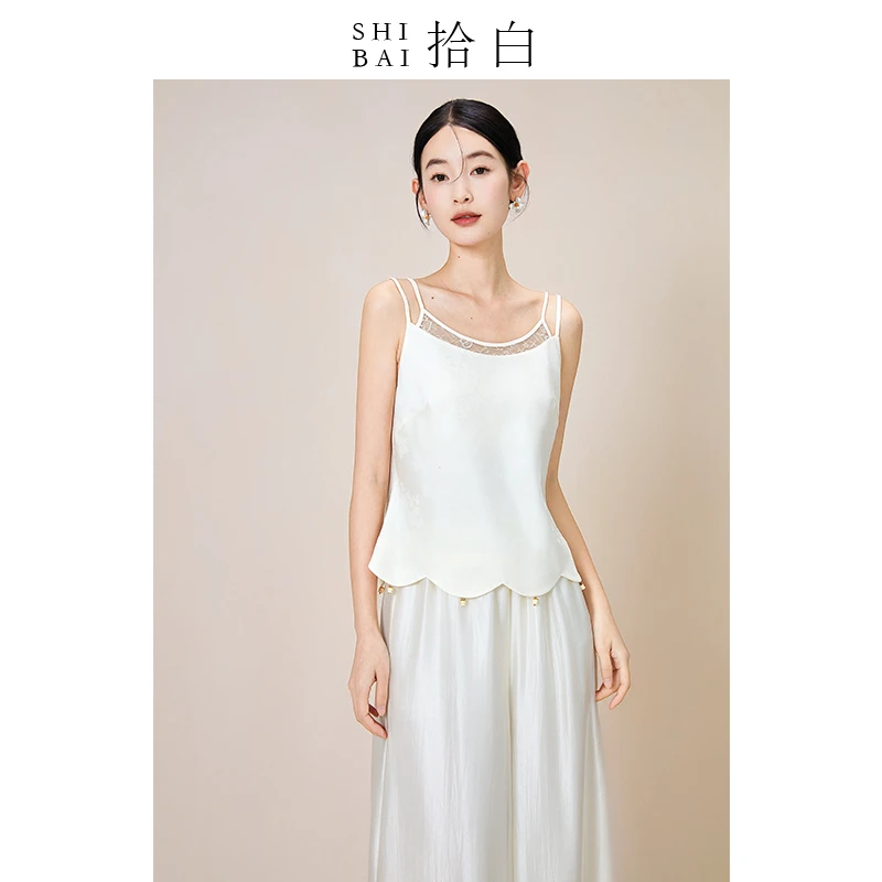 拾白原创新中式女百搭蕾丝拼接设计感白气质提花缎打底吊带SU8122