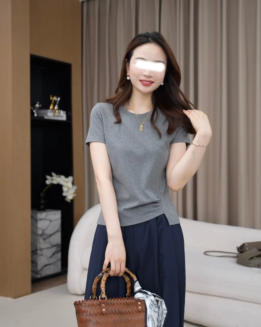 不对称收腰显瘦纯色短袖T恤2025夏季爆款压褶时尚百搭洋气衣服女