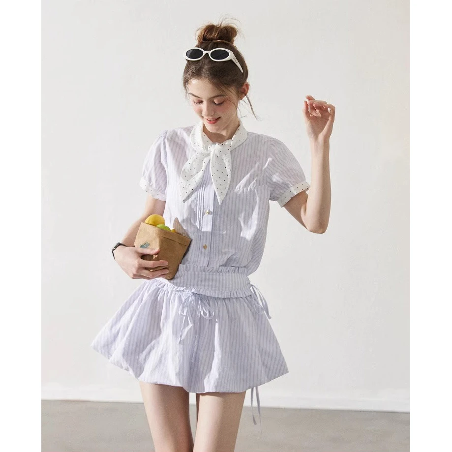 设计感拼接假两件蓝白格纹连衣裙夏季法式少女感小清新短款蓬蓬裙