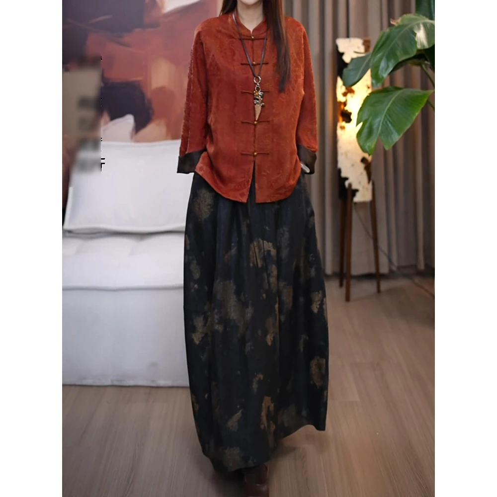 新中式高级轻奢气质盘扣衬衫印花裙套装2025秋新时尚百搭宽松两件