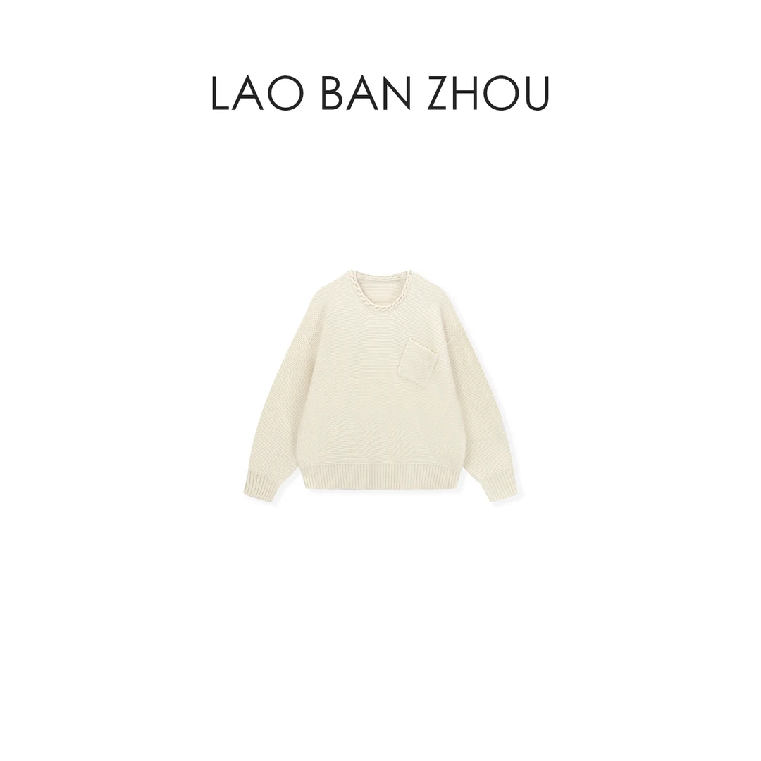 【老板周】复古风格 秋冬斜口袋小众圆领舒适廓形毛衣