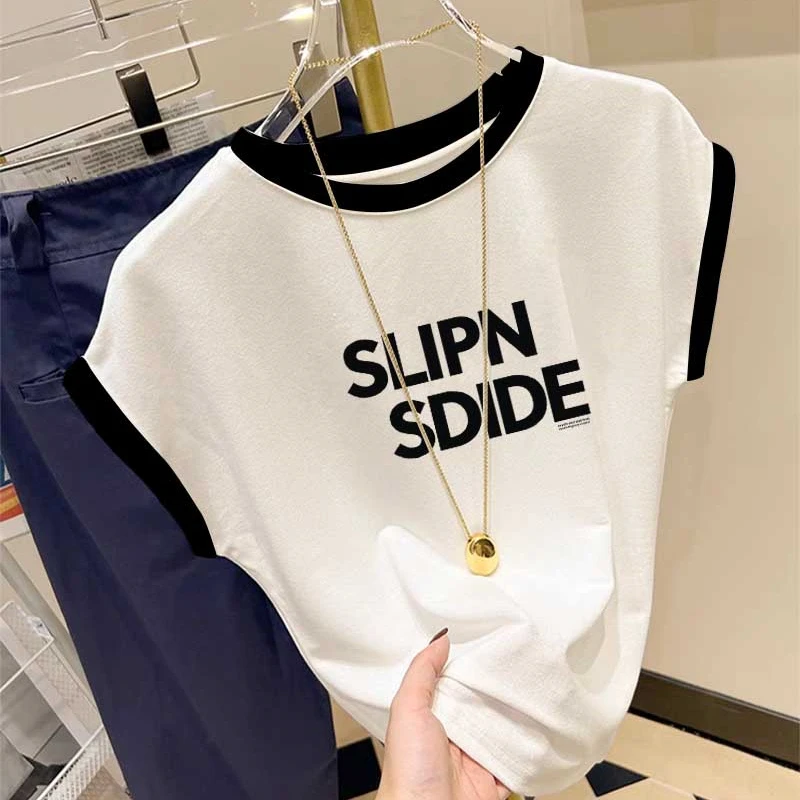 2025新款飞飞袖正肩撞色圆领短袖t恤女设计感时尚百搭上衣夏季潮