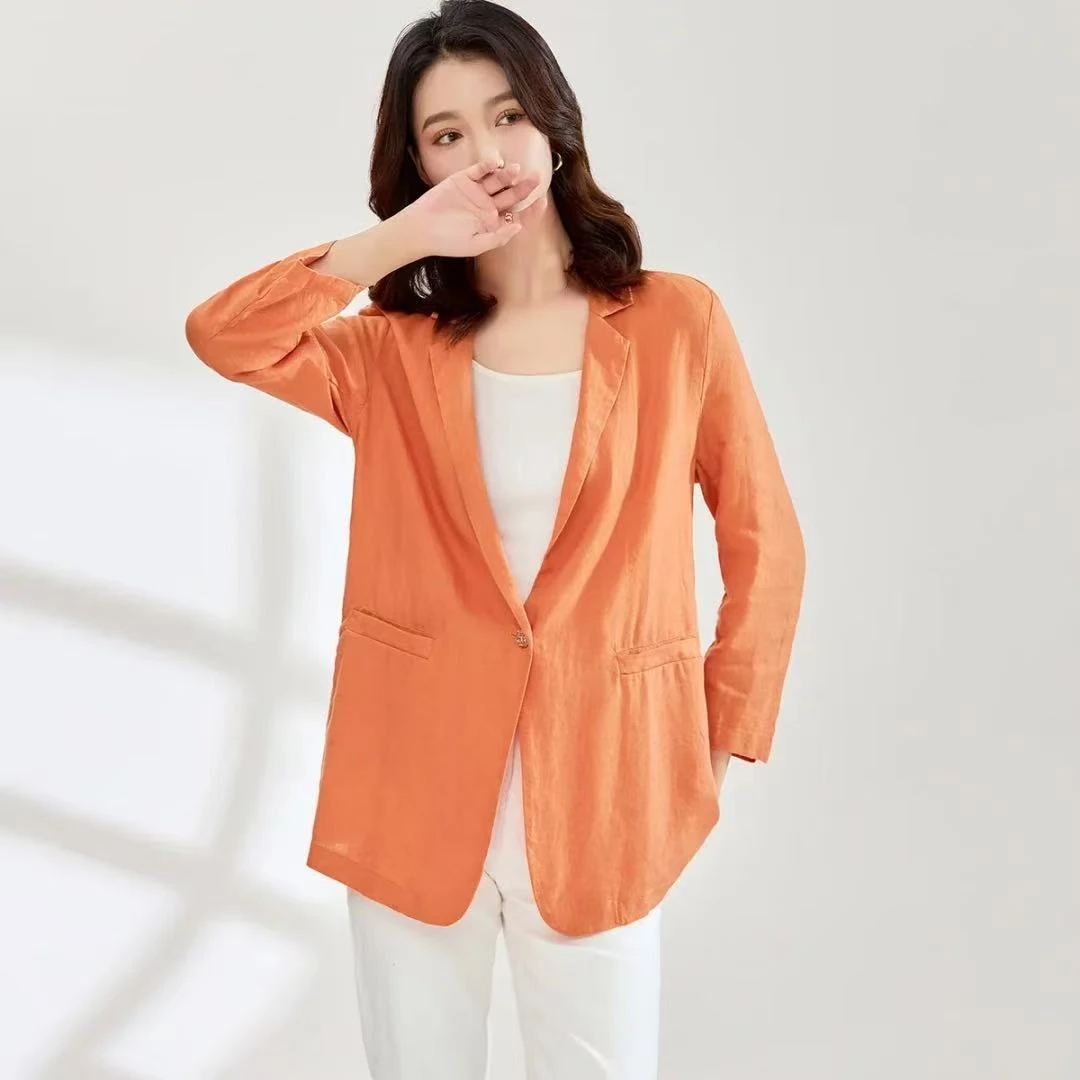艳儿家【纯亚麻复古西装】简约风休闲百搭开衫西服夏季