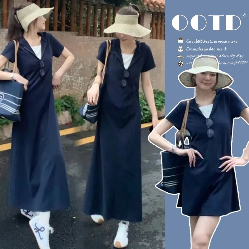 孕妇夏季时尚韩版网红潮妈穿搭高颜值气质假两件连帽收腰连衣裙女